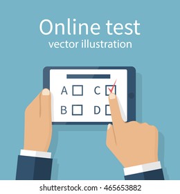 Man holding tablet in hands, takes part in online test. Touching finger to screen version of the questionnaire. Quiz on mobile device. Vector illustration flat design. Survey on Internet. E-education.