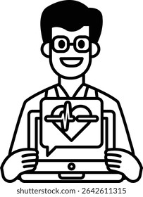 A man is holding a tablet with a heart on it. He is smiling and he is happy