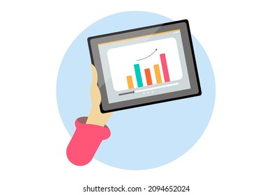 Hombre sujetando un comprimido en la mano. Presentación de negocios en una tableta. Ilustración vectorial.