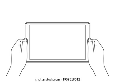 man holding a tablet in his hands. blank screen with place for text. vector illustration in linear style isolated on white background