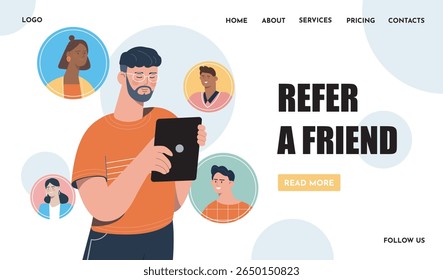Um homem segurando uma tábua com pessoas ilustradas em círculos ao seu redor, estilo plano sobre fundo branco. Conceito de encaminhamento e convite social. Ilustração vetorial