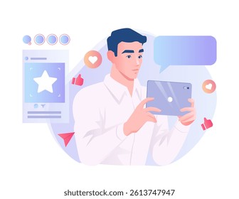 Man holding a tablet interacting with social media content, shown in a modern flat graphic style on a white and blue background. Concept of online engagement. Vector illustration