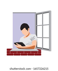 man holding tablet, looking to the device at the window