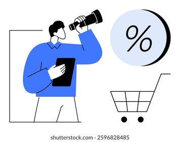 Man holding a tablet and looking through a telescope at a percentage symbol next to a shopping cart. Ideal for business analysis, market research, e-commerce, sales strategy, finance, discounts