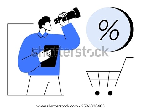 Man holding a tablet and looking through a telescope at a percentage symbol next to a shopping cart. Ideal for business analysis, market research, e-commerce, sales strategy, finance, discounts