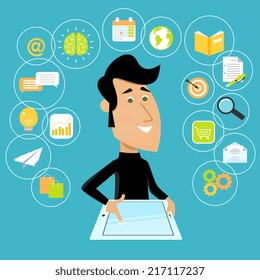 Man holding tablet mobile applications business ideas concept vector illustration