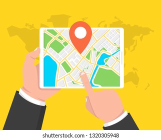 Man holding a tablet with mobile gps navigation. Mobile gps navigation and tracking concept. World map on background. Vector illustration.