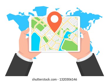 Man holding a tablet with mobile gps navigation. Mobile gps navigation and tracking concept. World map on background. Vector illustration.