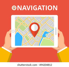 Man holding a tablet with mobile gps navigation. Concept for finding the right place. Flat vector illustration.