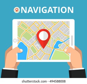 Man holding a tablet with mobile gps navigation. Concept for finding the right place. Flat vector illustration.