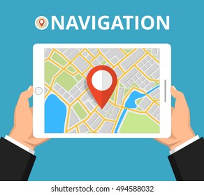 Man holding a tablet with mobile gps navigation. Concept for finding the right place. Flat vector illustration.