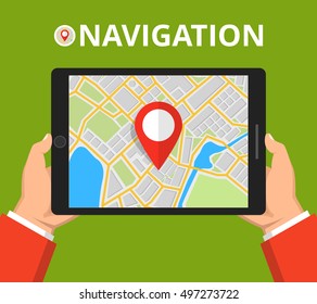 Man holding a tablet with mobile gps navigation. Concept for finding the right place. Flat vector illustration.