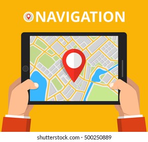 Man holding a tablet with mobile gps navigation. Concept for finding the right place. Flat vector illustration.