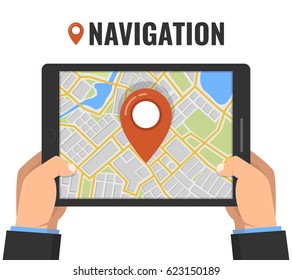Man holding a tablet with mobile gps navigation. Concept for finding the right place. Flat vector illustration.