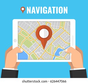 Man holding a tablet with mobile gps navigation. Concept for finding the right place. Flat vector illustration.