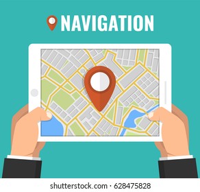 Man holding a tablet with mobile gps navigation. Concept for finding the right place. Flat vector illustration.
