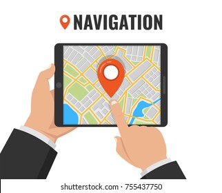 Man holding a tablet with mobile gps navigation. Concept for finding the right place. Vector illustration.