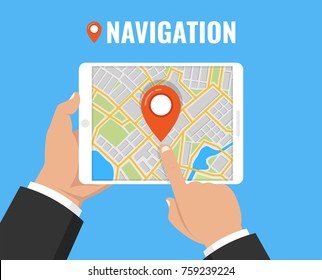 Man holding a tablet with mobile gps navigation. Concept for finding the right place. Vector illustration.