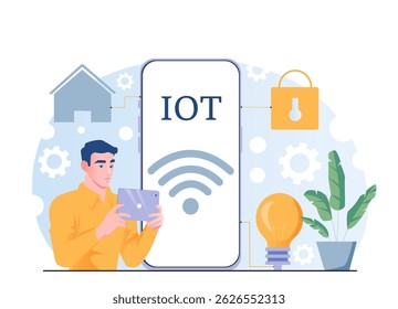 Man holding tablet near a large smartphone screen showing IoT with connected icons of house, padlock, and light bulb, on abstract background. Concept of smart home technology. Vector illustration