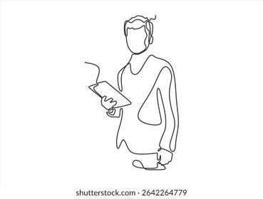 Man holding a tablet in one continuous line.  line icon-continuous line drawing. Editable stroke.