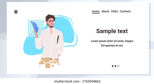 man holding tablet pc guy model in casual trendy clothes male cartoon character portrait horizontal copy space vector illustration