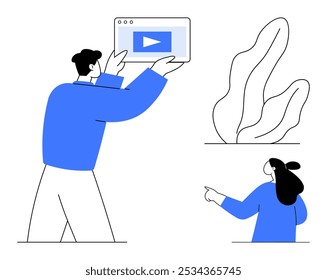 Man holding a tablet with a play button. Woman is pointing towards the tablet. Simple and modern style. Ideal for technology, communication, online media, outdoor activities, and digital education