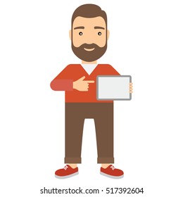  Man holding a tablet and pointing at a blank display, where you can place an image or text.