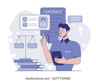 Man holding tablet and pointing at digital contract form, with justice scale and documents in background. Modern flat style on light abstract backdrop. Concept of legal agreement. Vector illustration