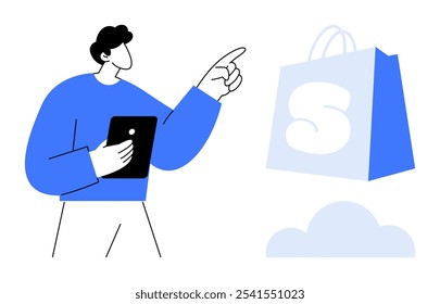 Hombre sosteniendo la tableta, apuntando a la bolsa de compras flotante con fondo de nube. Ideal para compras en línea, comercio electrónico, tecnología en la nube, marketing digital y venta minorista. Diseño minimalista