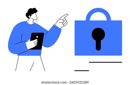 A man holding a tablet points towards a large blue padlock symbol. Ideal for security, technology, data protection, privacy, and digital safety themes. Simple and modern design
