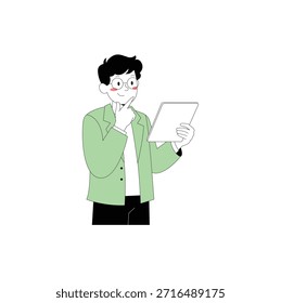 man holding a tablet and pondering a decision on a white background.   