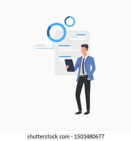 Man holding tablet. Screen, texting, website. User interface concept. Vector illustration for website, landing page, online store