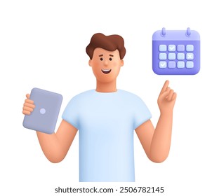 Man holding tablet, showing plan schedule, planning day scheduling appointment in calendar application. Business planning ,events, reminder and timetable. 3d vector people character. 