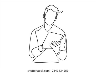 Man holding a tablet - single line drawing. Continuous Line. line icon-continuous line drawing.