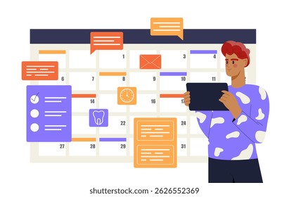 Un hombre sostiene una tableta frente a un calendario digital con iconos para eventos, recordatorios y mensajes en un estilo plano sobre un fondo blanco. Concepto de planificación. Ilustración vectorial