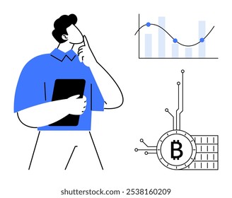 Hombre sosteniendo una tableta pensando en aspectos financieros. El gráfico representa las tendencias de las acciones. El símbolo de Bitcoin destaca la criptomoneda. Ideal para finanzas, inversiones, acciones, criptomonedas, análisis de datos