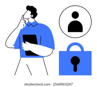 A man holding a tablet thoughtfully, accompanied by a profile icon and a padlock symbol. Ideal for technology security privacy user identity and digital thinking. Minimalist vector art style in blue