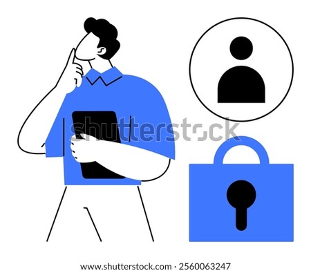 A man holding a tablet thoughtfully, accompanied by a profile icon and a padlock symbol. Ideal for technology security privacy user identity and digital thinking. Minimalist vector art style in blue