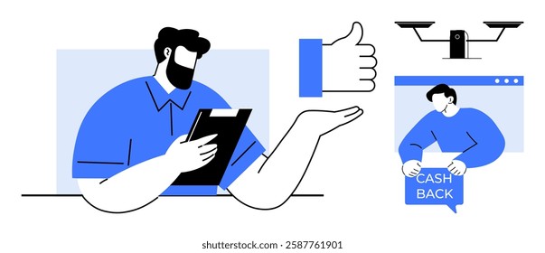 Man holding a tablet, thumbs up icon, cash back reward, and surveillance camera. Ideal for client feedback, online transactions, loyalty programs, tech engagement, cyber monitoring. Flat vector style