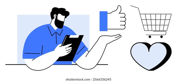 Man holding a tablet with a thumbs up symbol, shopping cart and heart in proximity. Ideal for marketing, online shopping, customer feedback, social media, and e-commerce themes. Simple modern style