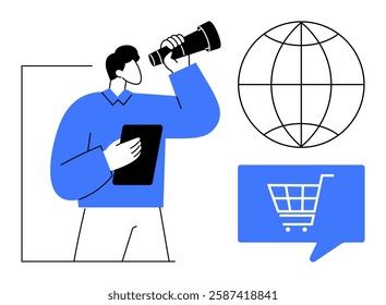 Man holding a tablet while looking through a telescope, globe and shopping cart icon beside him. Ideal for global trade, e-commerce, business strategy, online shopping, market analysis, digital