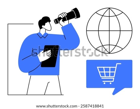 Man holding a tablet while looking through a telescope, globe and shopping cart icon beside him. Ideal for global trade, e-commerce, business strategy, online shopping, market analysis, digital