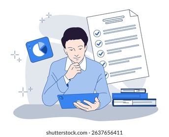 Man holding tablet while reviewing charts and checklist, minimal flat style, white background. Concept of productivity, planning, and data analysis. Vector illustration