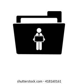 man holding tablet - white vector  icon; black folder