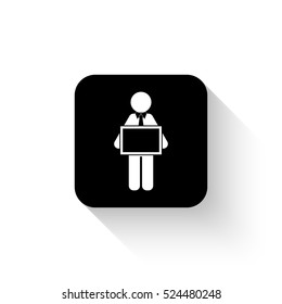 man holding tablet - white vector  icon with shadow