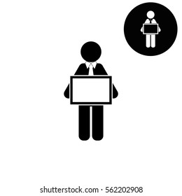 man holding tablet  - white vector icon
