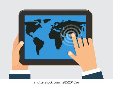 Man holding tablet with world map. Vector flat design