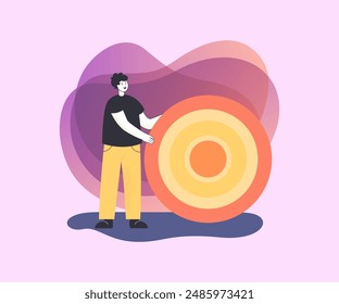 Man holding target vestor illustration. Male cartoon characer reaching his goal. Business goal, success, achievement concept