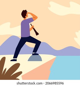 man holding a telescope looking far way