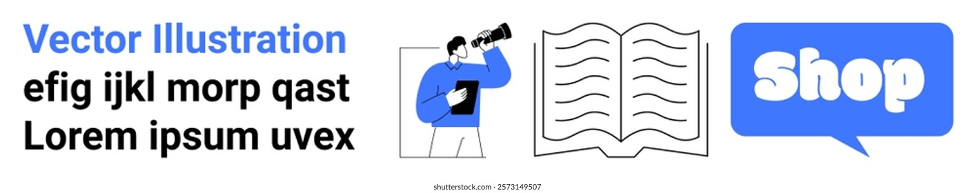 Man holding a telescope, an open book with wavy lines, and a blue chat bubble with the word Shop. Ideal for online business, e-commerce, learning, education, digital marketing, and website banners